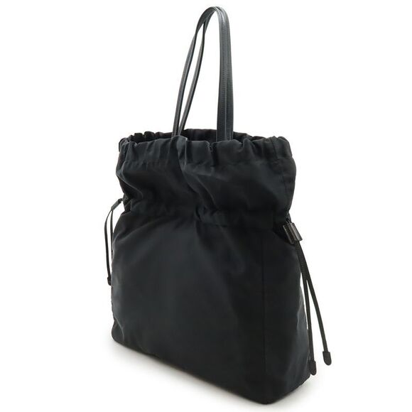 PRADA Logo Jacquard Tote Bag Shoulder Bag Drawstring Shape Nylon Leather NERO - Picture 2 of 7
